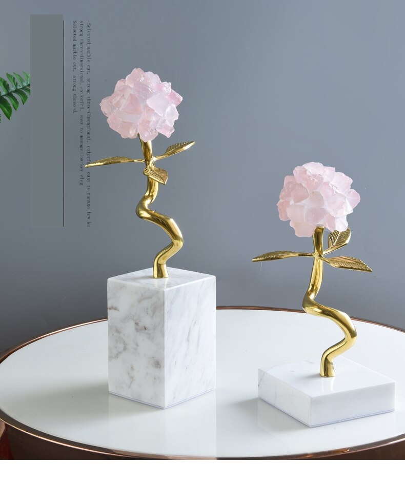Home Decoration Accessories Pink Crystal Flower With Gold Leaves Figurine Living Room Ornament Objects Office White Marble Gift