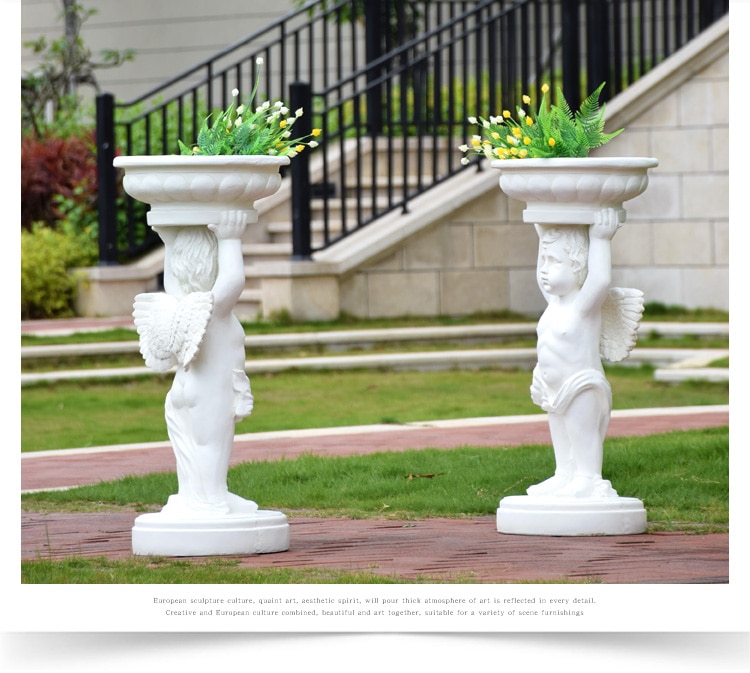 Large Size 76Cm Home Garden Statue Decor Accessories Courtyard Angel Boy Holding A Flower Pot Park Outdoor Landscape Sculpture