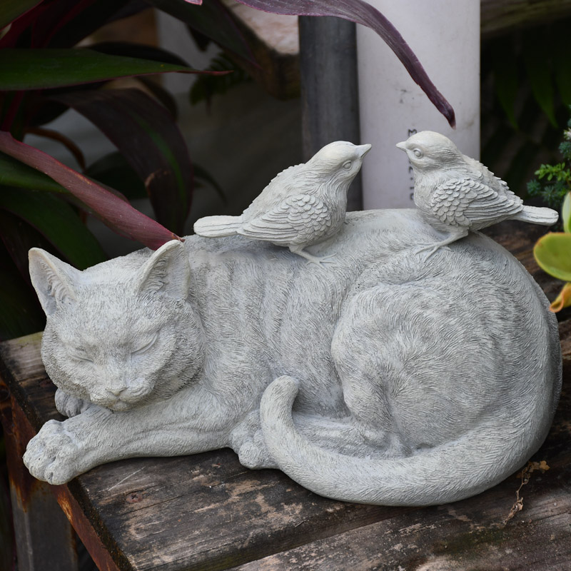 Two Birds Stand On The Sleep Cat Garden Decoration Statue Outdoor Animal Sculpture For Home Jardin Ornament bahce aksesuatlari