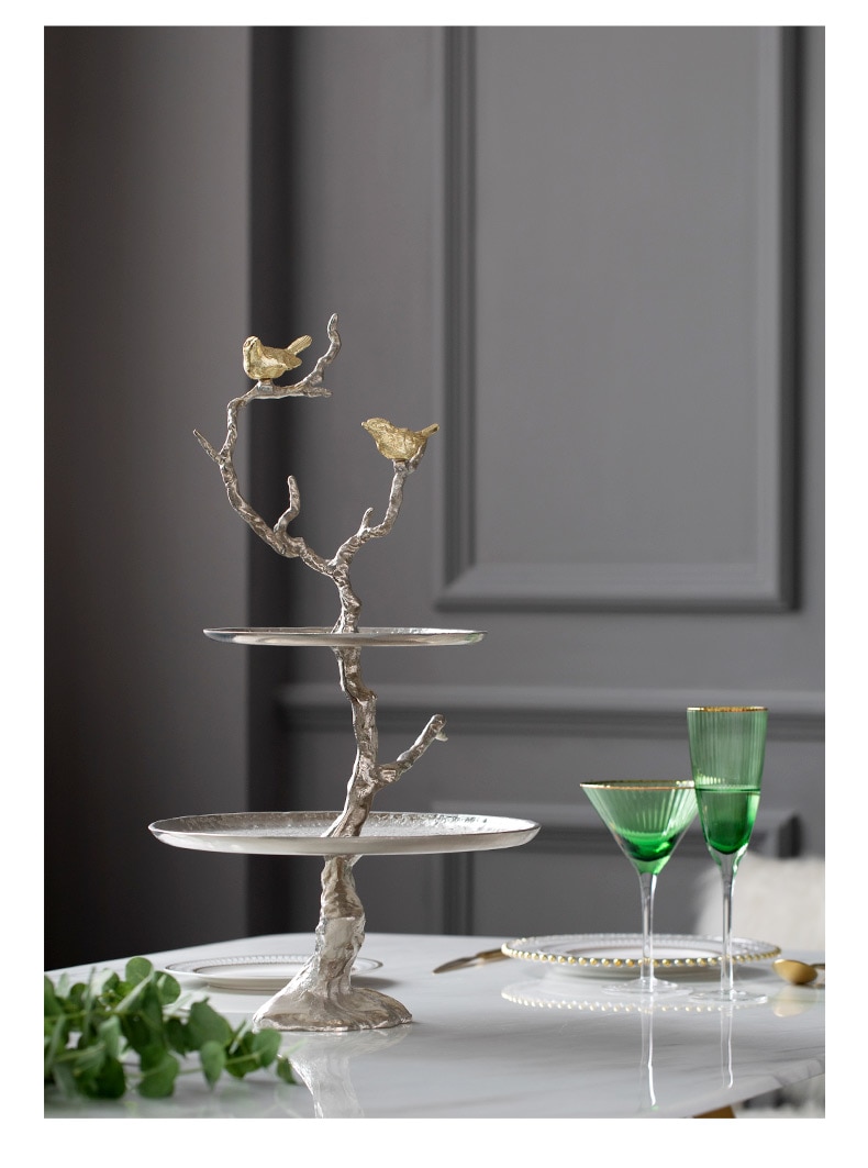 Luxury Birds Stand On Branch Statue Home Pastry Dessert Two Tier Place Cake Rack Wedding Banquet Dessert Table Decor Fruit Plate