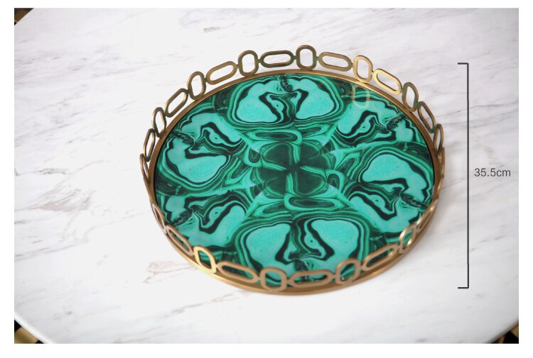 Europe Round Green Agate Stone Texture Plates Jewelry Copper Tray Ivory White Palace Carved Flowers Golden Jade Storage Trays