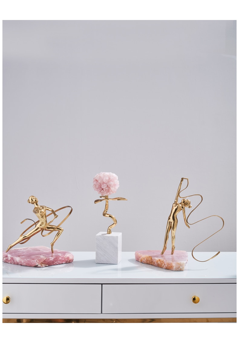 Home Decor Accessories Art Brass Gymnastics Athlete Waving A Ribbon Statue Decor Figurine Pink Spar Living Room Ornament Gift