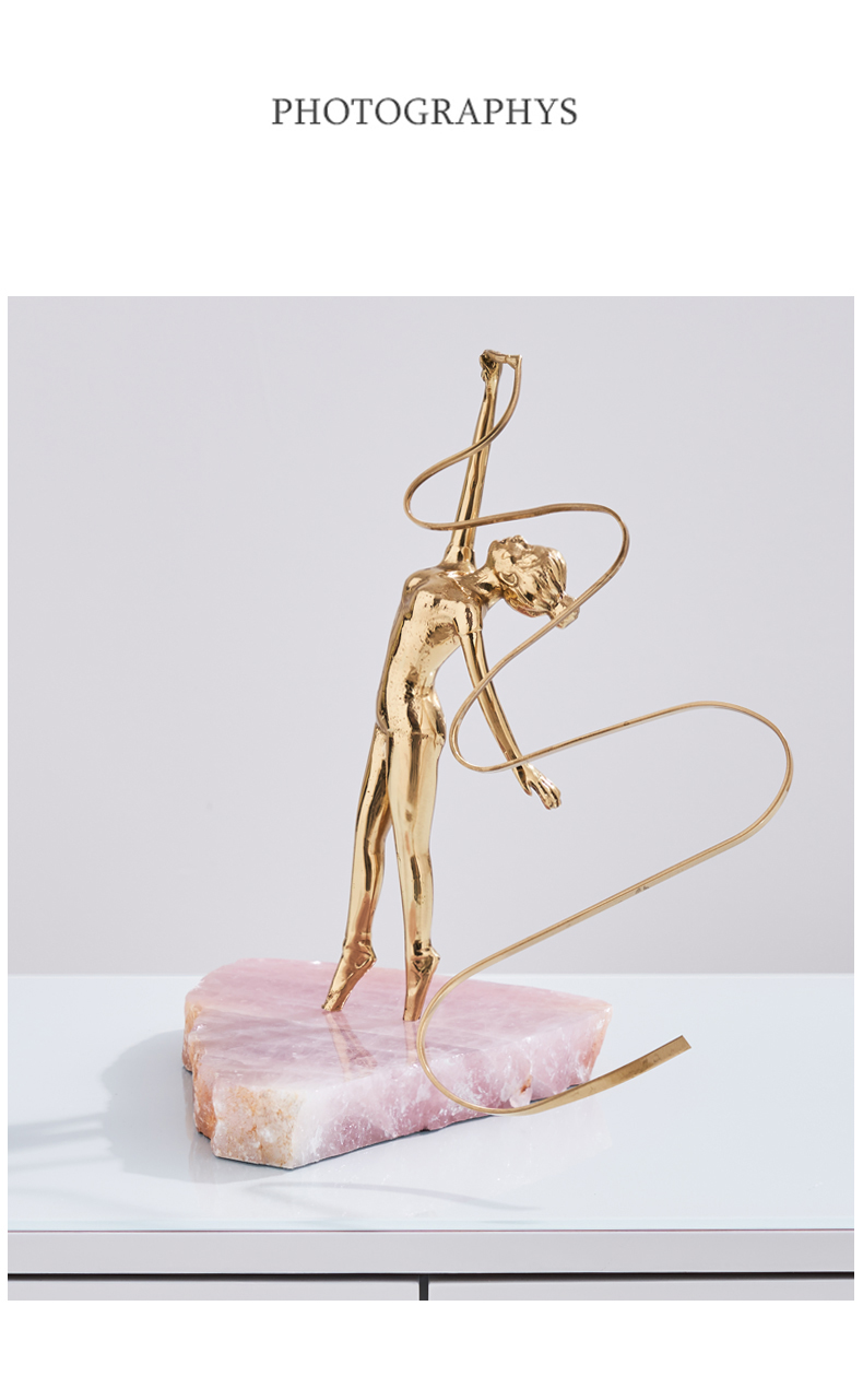 Home Decor Accessories Art Brass Gymnastics Athlete Waving A Ribbon Statue Decor Figurine Pink Spar Living Room Ornament Gift