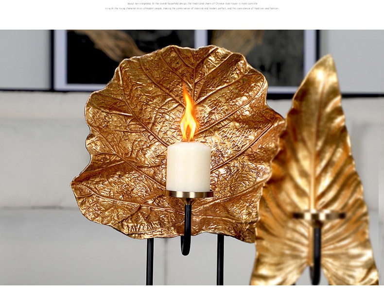 Luxury Electroplated Gold Leaves Art Sculpture Statue With Black Marble Candlestick Crafts Ornaments Home Decoration Accessories