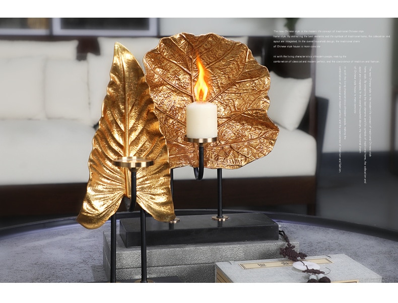 Luxury Electroplated Gold Leaves Art Sculpture Statue With Black Marble Candlestick Crafts Ornaments Home Decoration Accessories