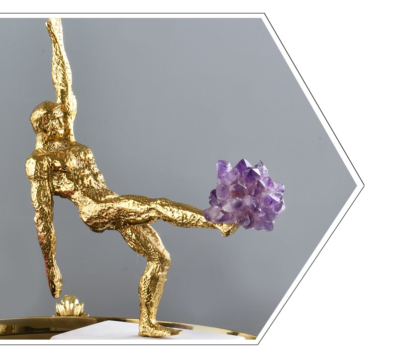 Home Decor Accessories Golden Brass Man Kicking A Purple Crystal Ball Figurine Living Room Ornament Objects Office Marble Gift