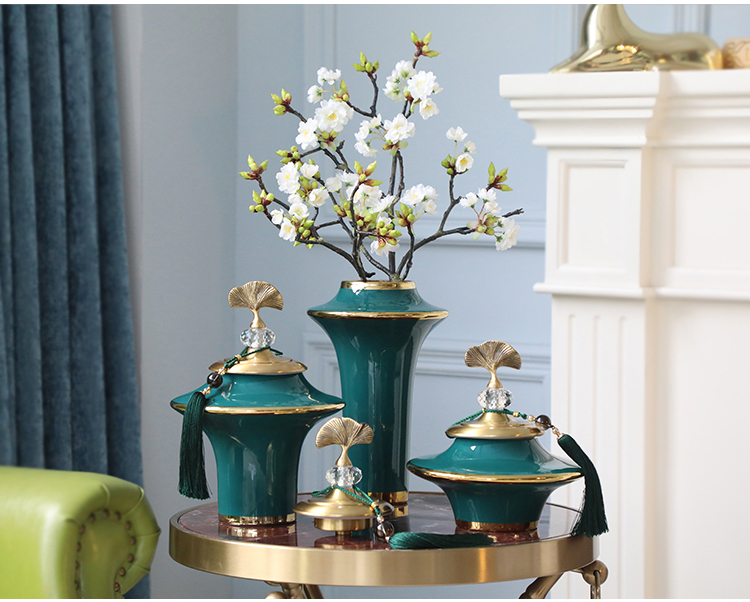 Green Flying Saucer Shape Ceramic Vase For Home Living Room Decorative Storage Jar With Gold Ginkgo Leaf Cover Decor Ornaments