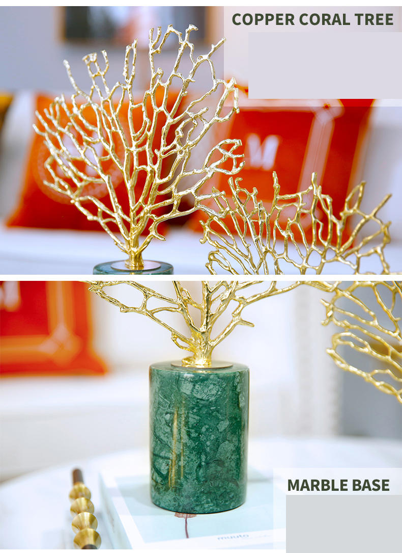 Home Decoration Accessories Modern Copper Coral Tree Statue For Living Room Bedroom Hotel Rectangular Cylinder Marble Desktop