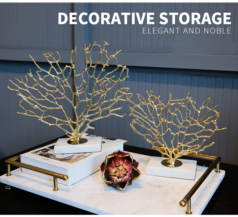 Home Decoration Accessories Modern Copper Coral Tree Statue For Living Room Bedroom Hotel Rectangular Cylinder Marble Desktop