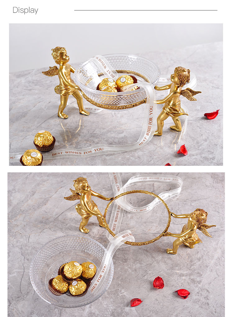 Luxury Gold Brass Two Angel Elf Boys Holding Dishes Statue Home Glass Fruit Plate Living Room Decor Fruit Plate Bowl Candy Dish