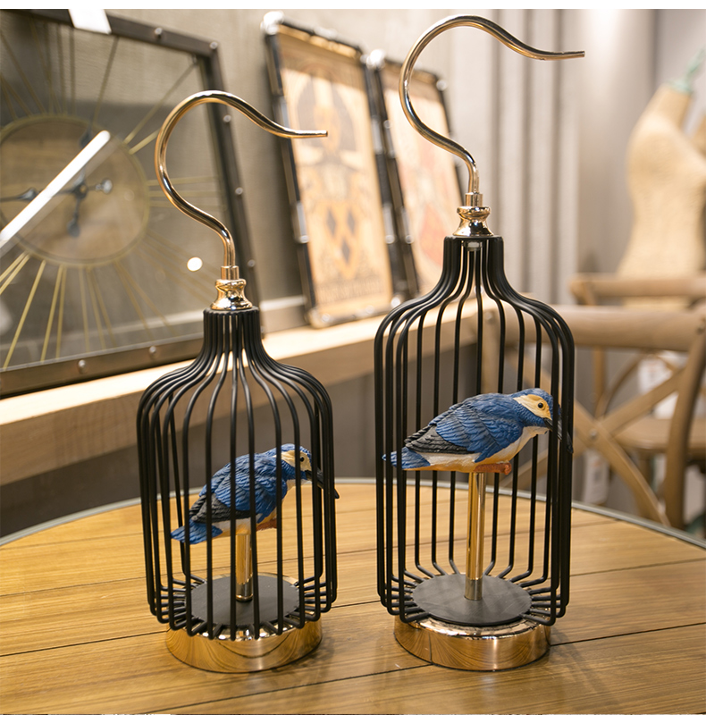 Modern Black Metal Birdcage With Blue Resin Bird Statue Art Decor For Home Sculpture Escultura Accessories oggetti per la casa