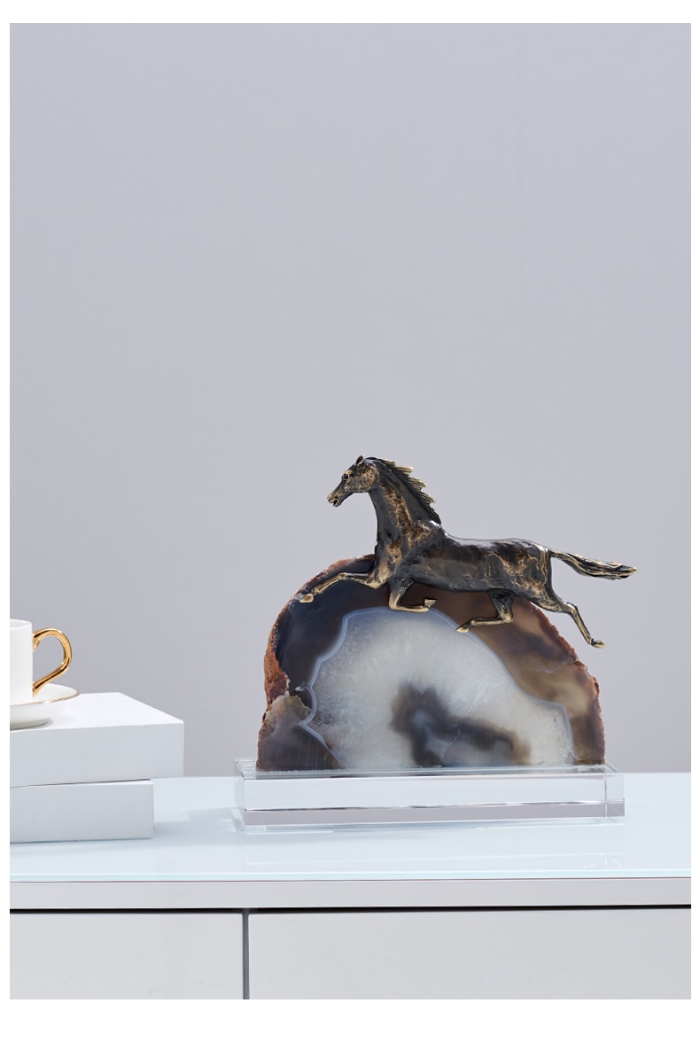 Modern Brass Steed Running On Natural Agate Stone Statue Home Crafts Room Decor Objects K9 Rectangle Crystal Sculpture GiftS