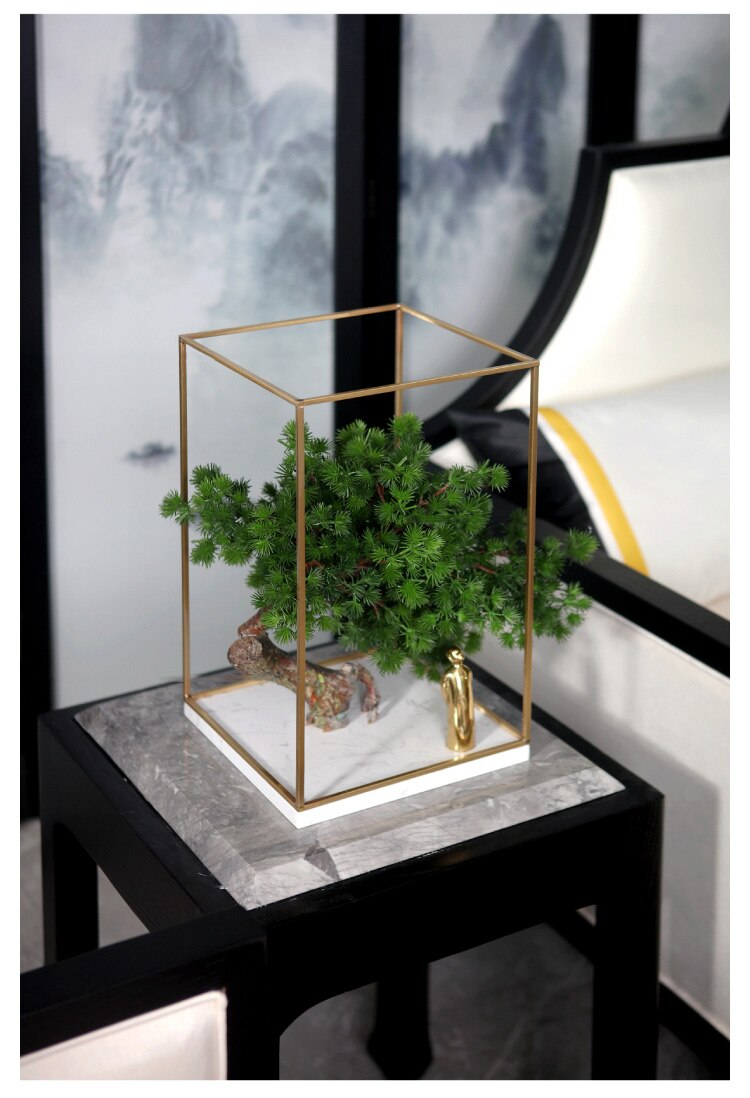 Simulation Plant Bonsai With Gold Metal Frame Modern Brass Character Stand Under The Banyan Tree Ornaments Decor Home Room Hotel