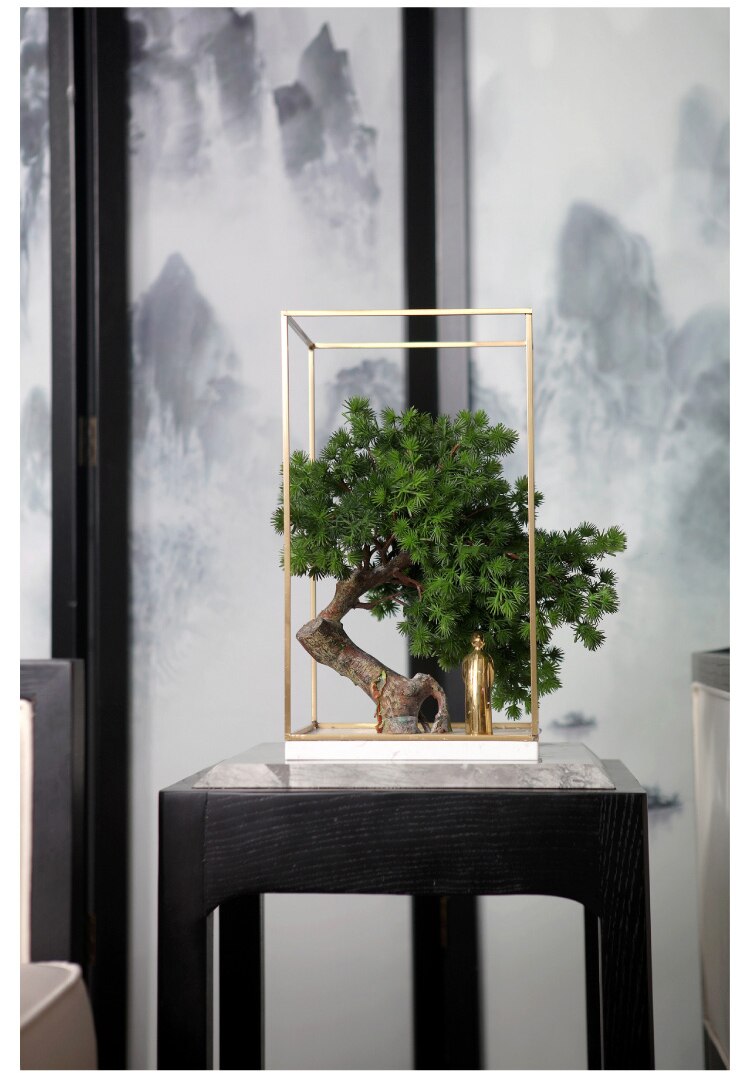 Simulation Plant Bonsai With Gold Metal Frame Modern Brass Character Stand Under The Banyan Tree Ornaments Decor Home Room Hotel