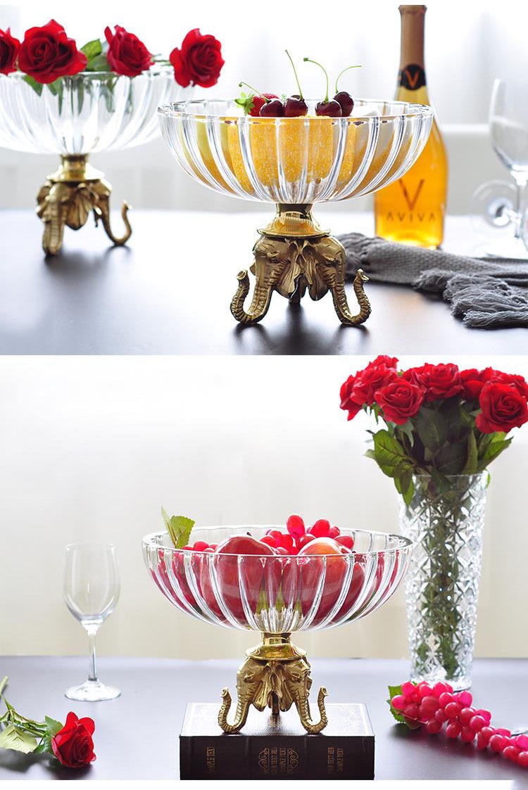 Luxury Elephant Head Gold Brass Statue Home Glass Fruit Plate Living Room Creative Decor Dried Fruit Plate Fruit Bowl Candy Dish