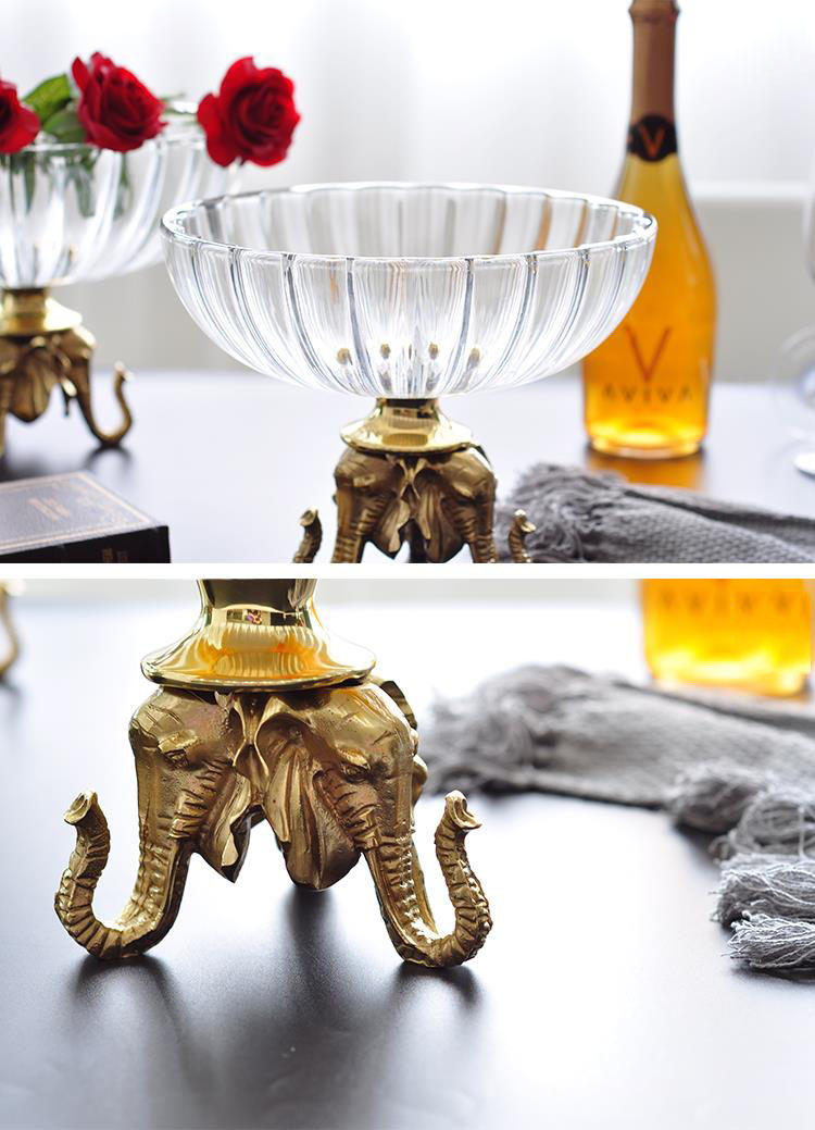 Luxury Elephant Head Gold Brass Statue Home Glass Fruit Plate Living Room Creative Decor Dried Fruit Plate Fruit Bowl Candy Dish