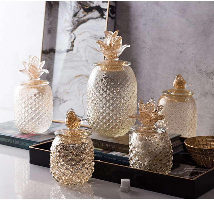 Nordic Luxury Glass Ornaments Birdie Pineapple Golden Glass Storage Tank Storage Jar Candy Jar Home Desktop Decor Accessories
