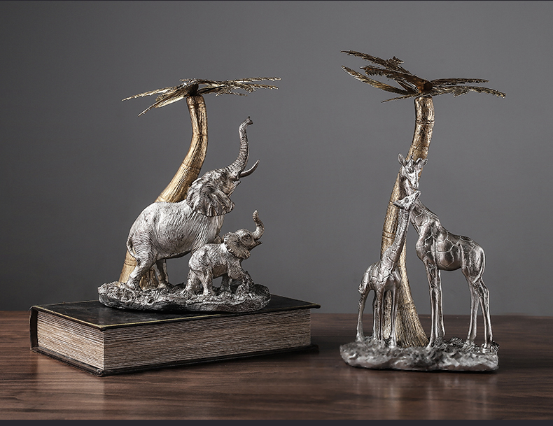 Home Decor Crafts A Pair Of Elephants And Giraffes Playing Under The Palm Tree Sculpture Desktop Ornament Figurine Resin Statue