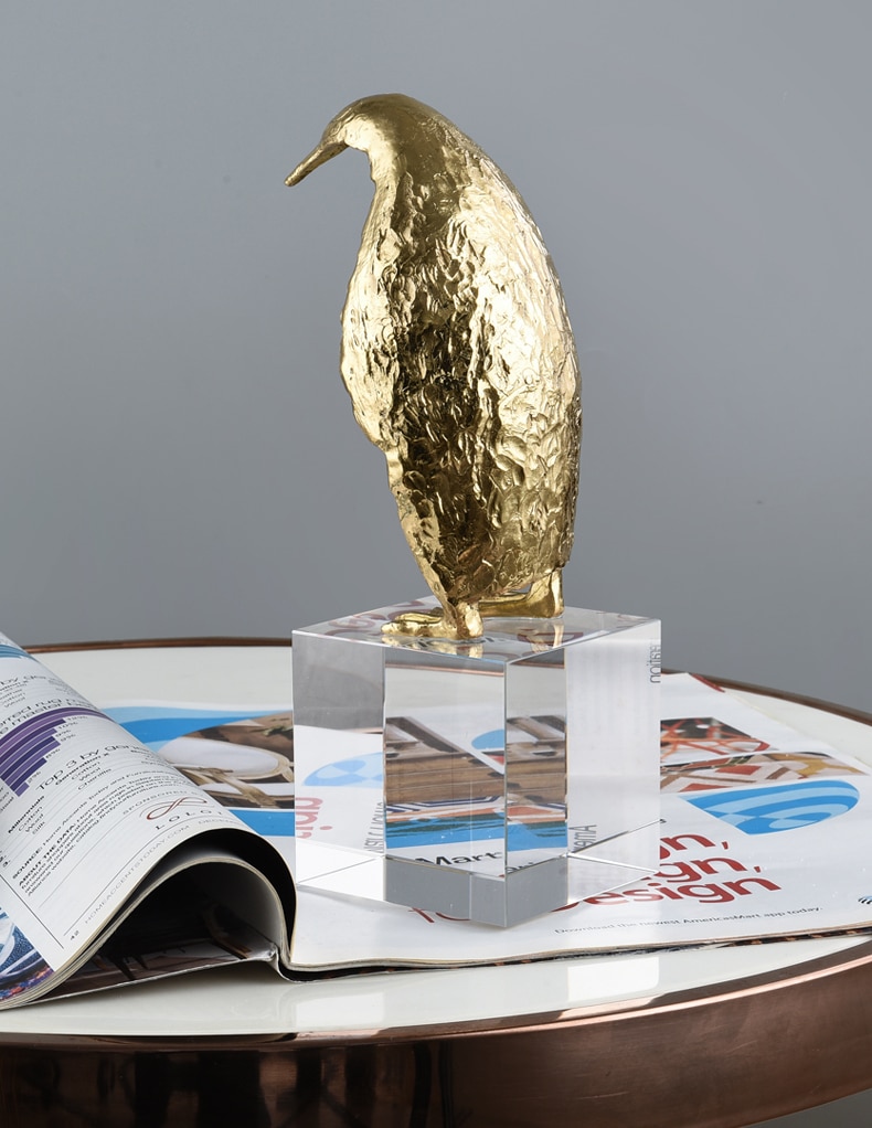 Modern Gold Brass Standing Penguin Ormanment Home Crystal Art Crafts Living Room Hotel Decor Objects Office adornos para casa