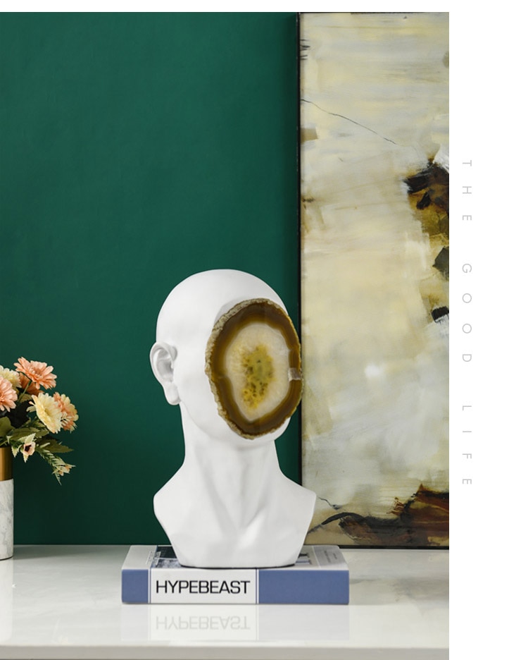 Modern Abstract Human Head Inlaid With Natural Agate Pieces Sculpture Statue Resin Figurine Crafts Home Decor Accessories Gift