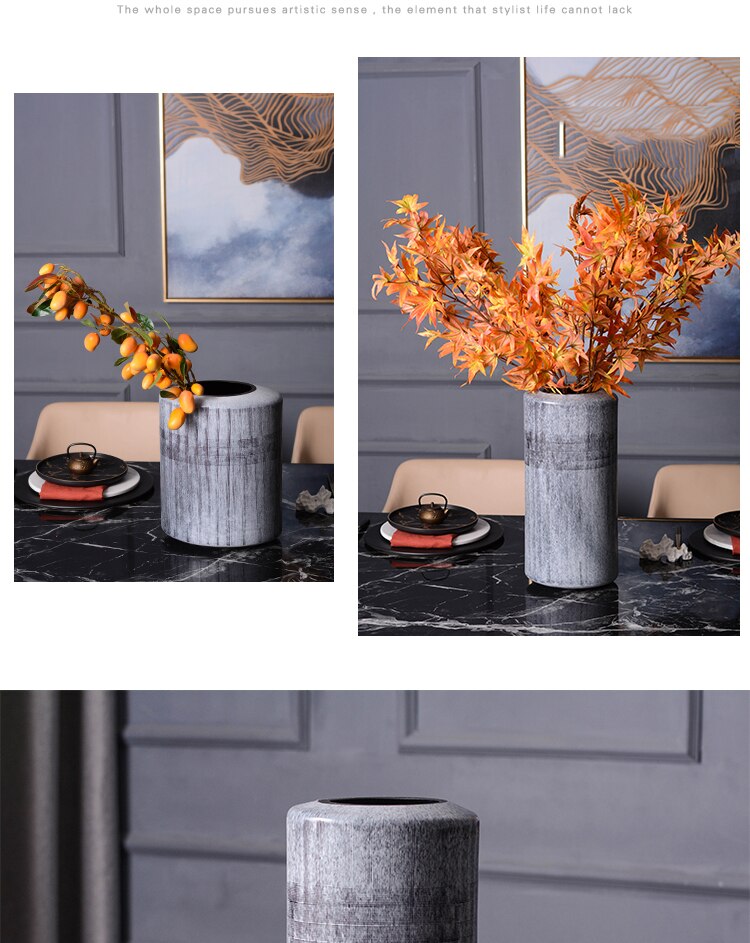 European Style Retro Gray Pottery Ceramic Vase For Home Living Room Hotel Dining Table Hand Polished Floral Decoration Ornaments