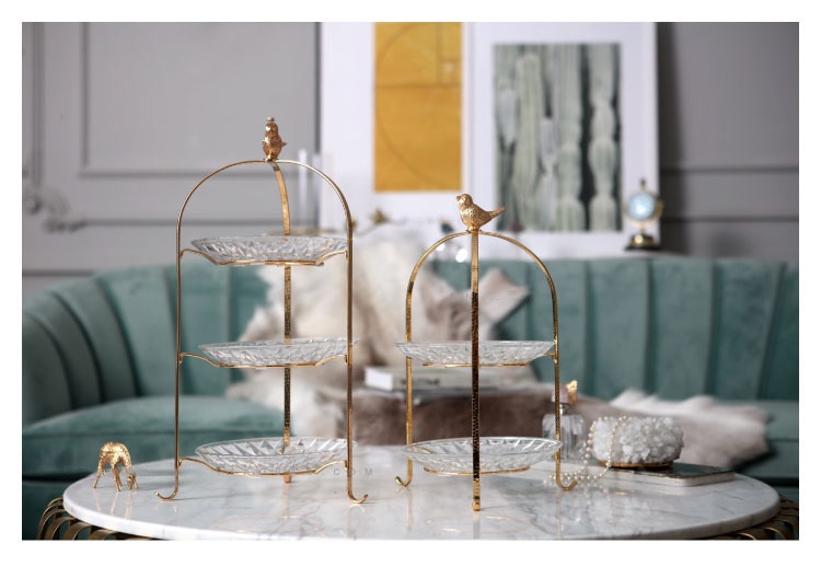 Moder Metal Alloy Bird Shelf Glass Dessert Plate Two Layer Three Layer Fruit Cake Dried Fruit Afternoon Tea Tray Home Decoration