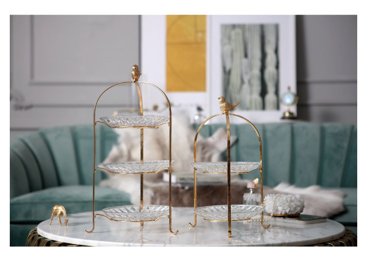 Moder Metal Alloy Bird Shelf Glass Dessert Plate Two Layer Three Layer Fruit Cake Dried Fruit Afternoon Tea Tray Home Decoration