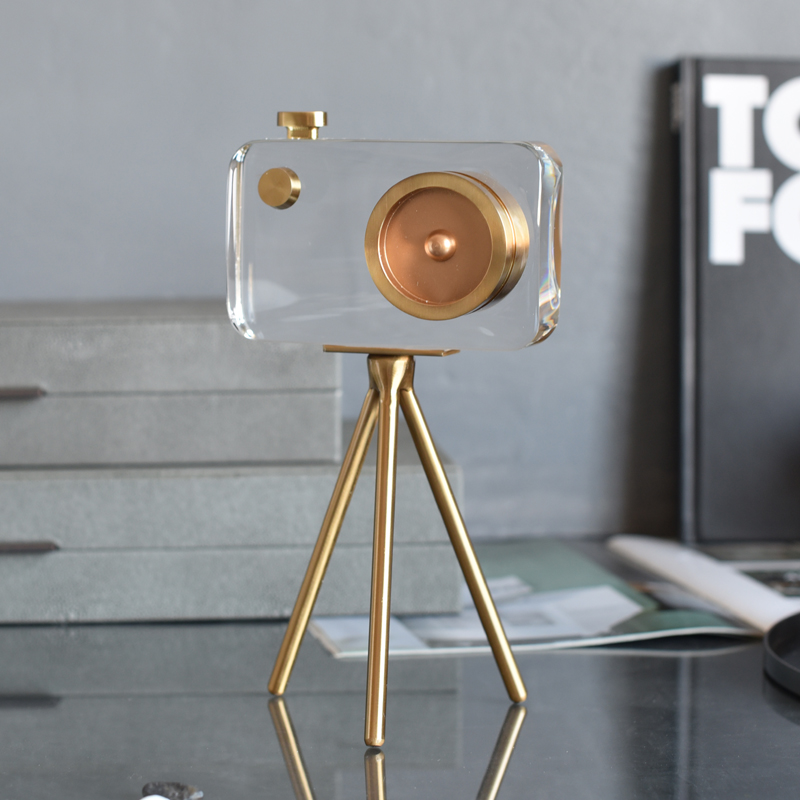 Modern Crystal Camera Ornaments With Gold Metal Stand Home Crafts Living Room Decor Objects Office Desktop Accessories Gifts