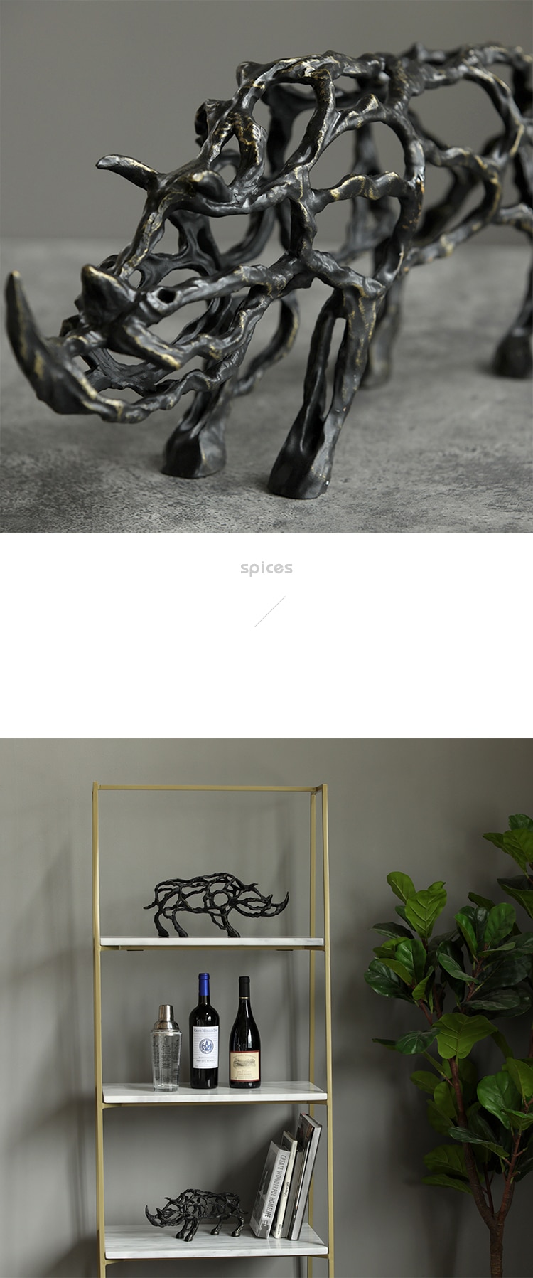 Modern Abstract Rhino Abstract Ornament Metal Frame Statue Home Decoration Crafts Room Objects Office Figurines Wedding Gifts