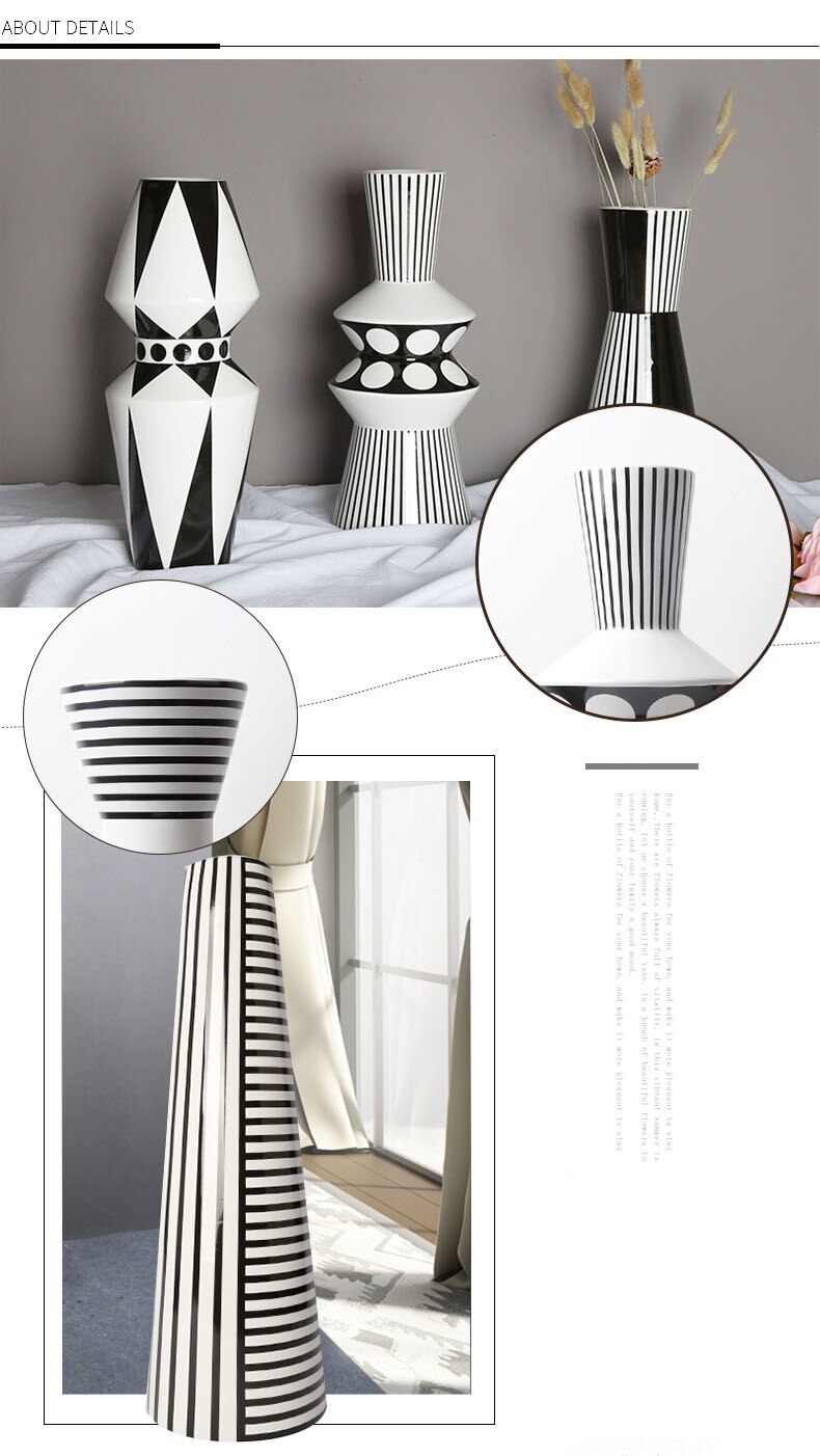 Geometric Symmetrical Black White Lines Ceramic Vase Modern Dining Table Countertop Flower Basin Wedding Decor Accessories Gifts