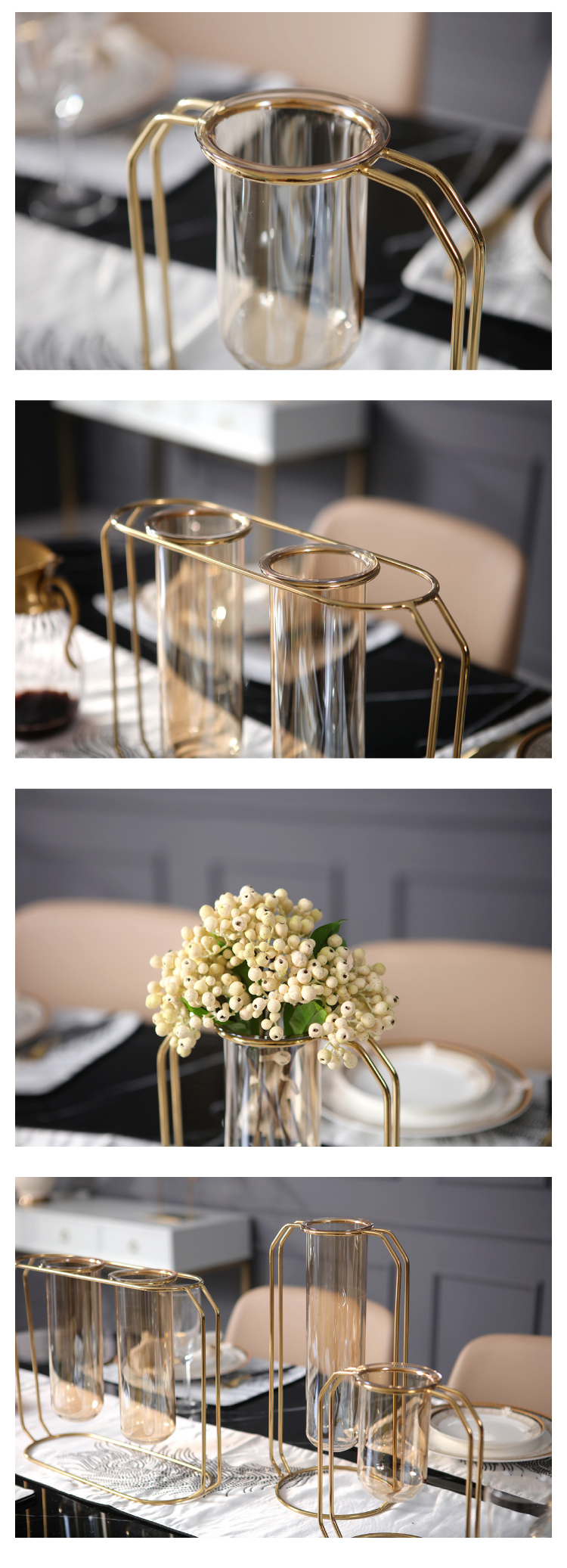 Modern Gold Stainless Steel Glass Art Vase Tabletop Green Plant Dried Home Office Dining Table Vases Wedding Decor Accessories