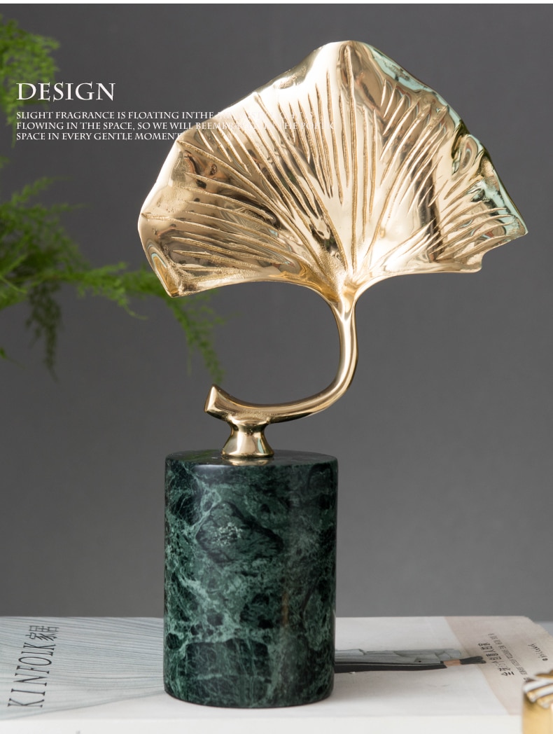 Golden Metal Ginkgo Leaves Statue With Green Cylinder Marble Base Crafts Home Living Room Decoration Sculpture Ornament Gifts