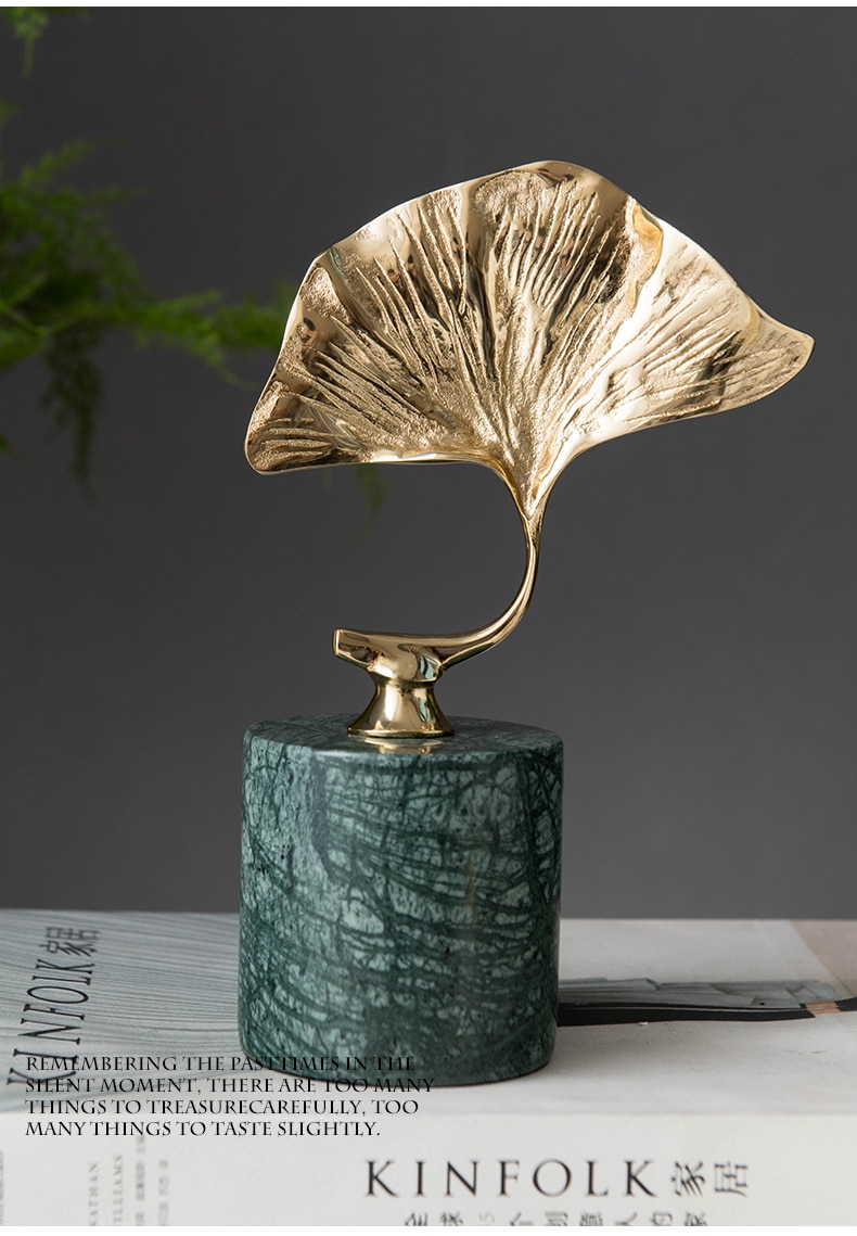 Golden Metal Ginkgo Leaves Statue With Green Cylinder Marble Base Crafts Home Living Room Decoration Sculpture Ornament Gifts