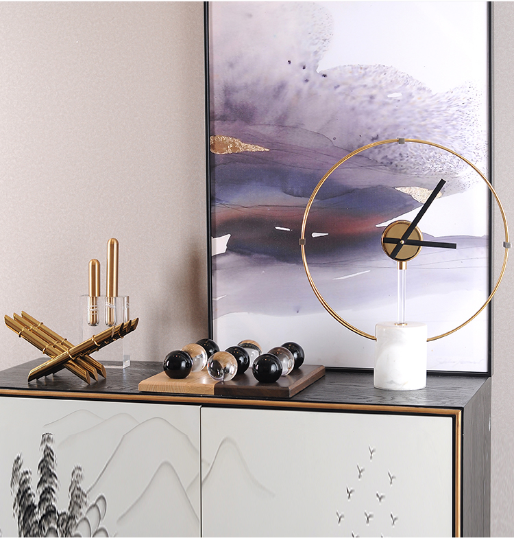 Nordic Art Circle Metal Clock With White Cylinder Marble Stand Home Decor Accessories For Office Hotel Living Room Creative Gift