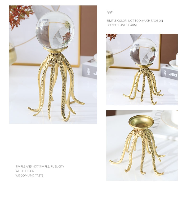 Marine Life Octopus Shape Gold Copper Statue Home Decor Accessories Figurine Living Room Crystal Glass Ball Ornament Office Gift