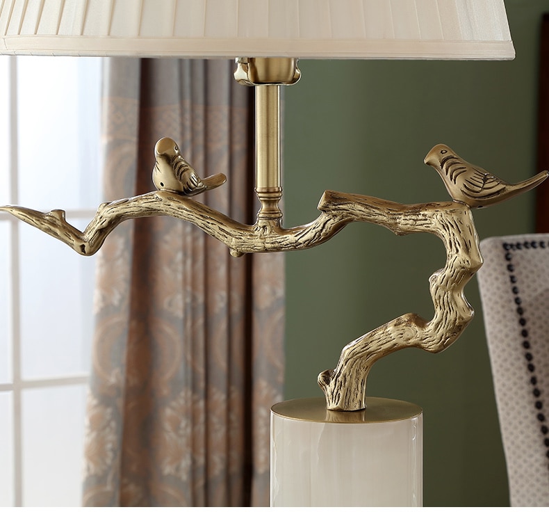 Home Decor Accessories Copper Table Lamp Pair Of Birds Stand On A Branch Statue Cylindrical Marble Lamp For Bedside Living Room