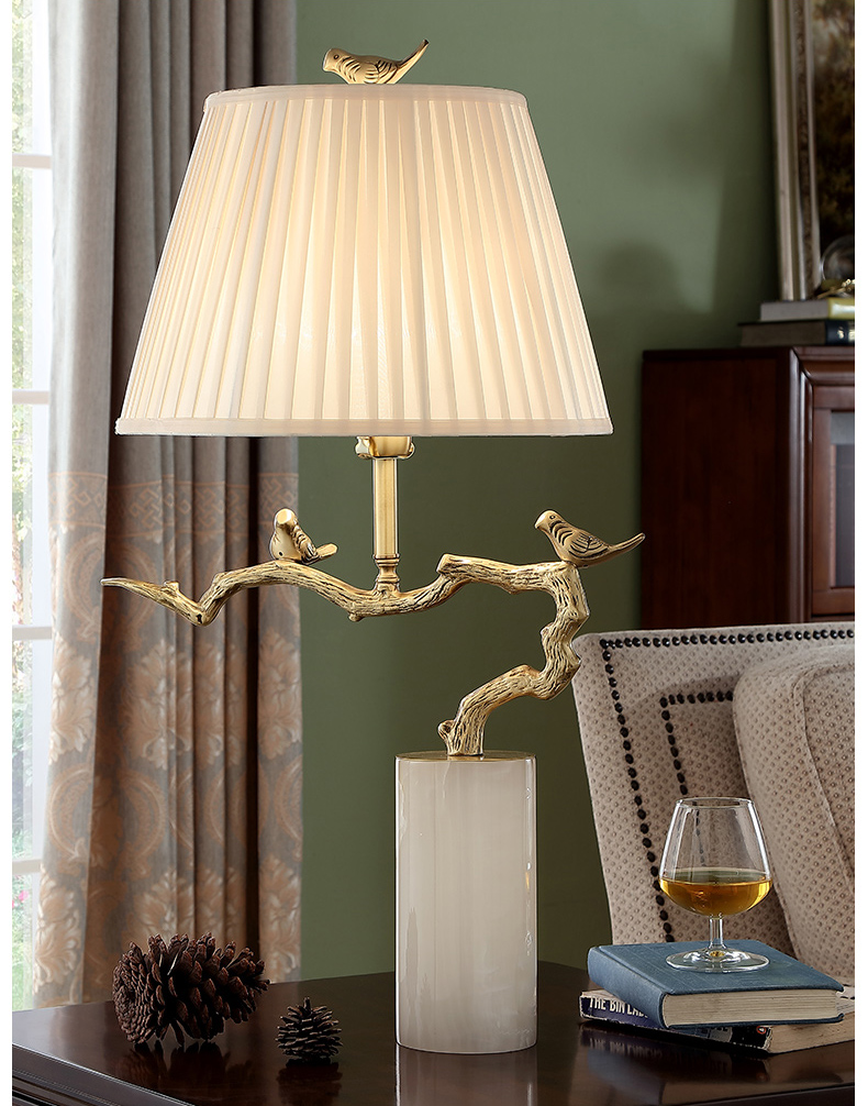 Home Decor Accessories Copper Table Lamp Pair Of Birds Stand On A Branch Statue Cylindrical Marble Lamp For Bedside Living Room