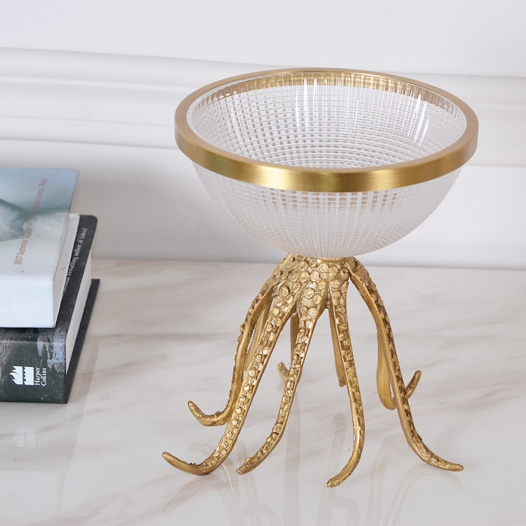 Luxury Gold Round Glass Fruit Debris Storage Tray Modern Home Living Room Coffee Table Brass Octopus Storage Decor Ornaments