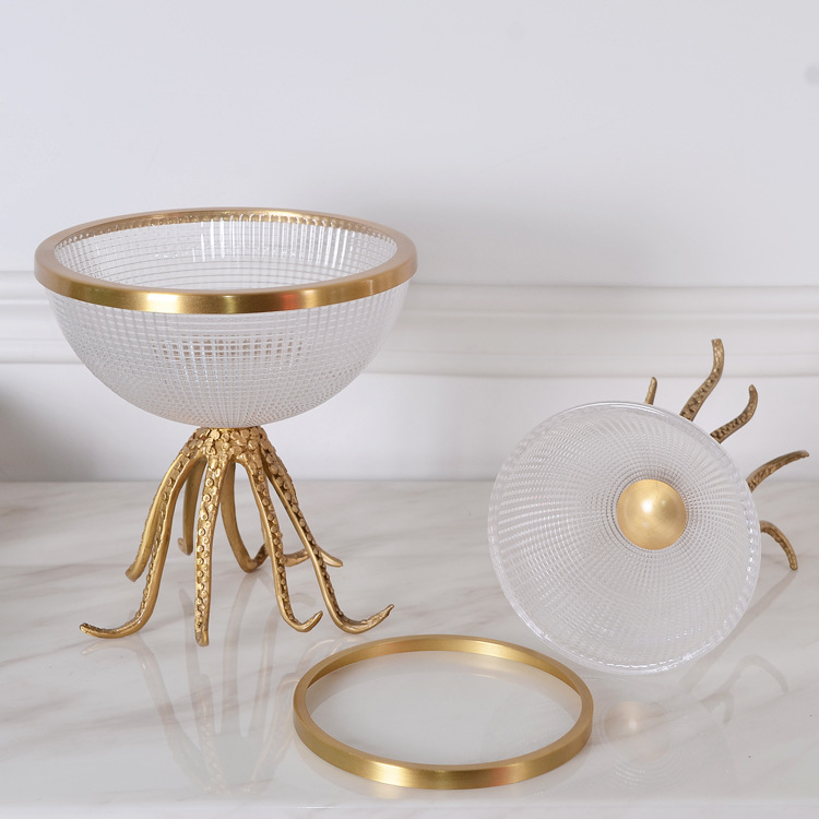 Luxury Gold Round Glass Fruit Debris Storage Tray Modern Home Living Room Coffee Table Brass Octopus Storage Decor Ornaments