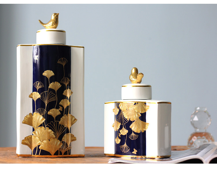Modern Flower Vase Decor Accessories Home Ceramic Vase Ginkgo Biloba Painting Ceramic Decorative Jar With Gold Bird Statue Cover