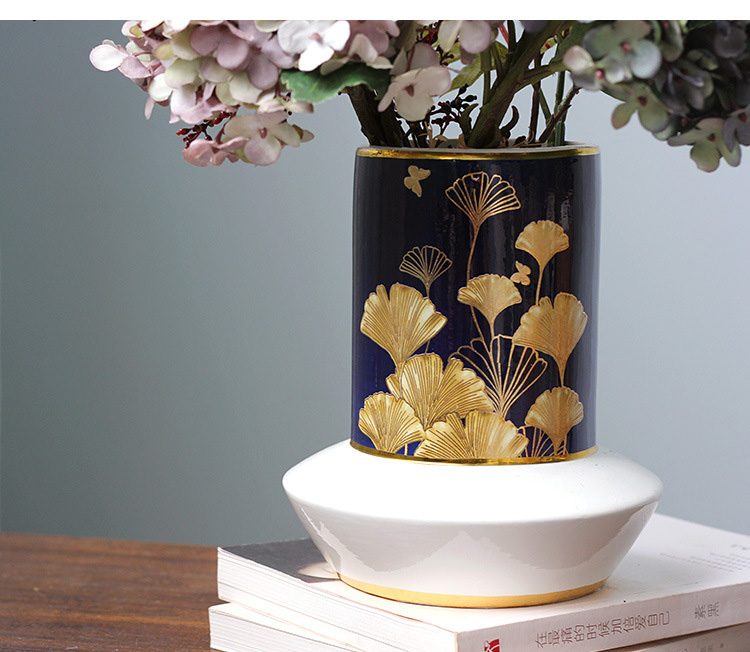 Modern Flower Vase Decor Accessories Home Ceramic Vase Ginkgo Biloba Painting Ceramic Decorative Jar With Gold Bird Statue Cover