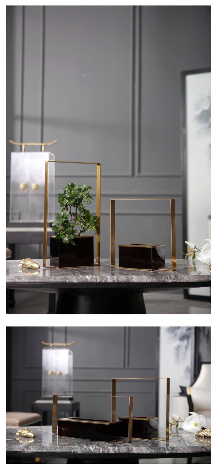 Golde Metal Rectangular Acrylic Vase Decor Home Hotel Clubhouse Simulation Banyan Plant Potted Soft Decor Art Crafts Flower Pots
