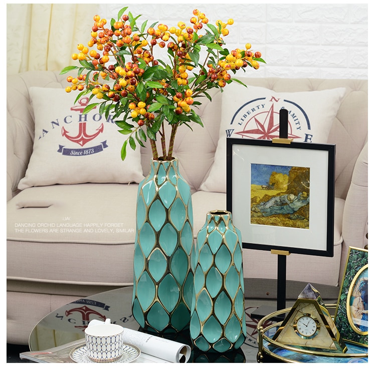Creative Golden Lines Grid Ceramic Vase Decorative Crafts Flower Vases Hydroponic Dried Flowers Flowerpot For Home Wedding Decor