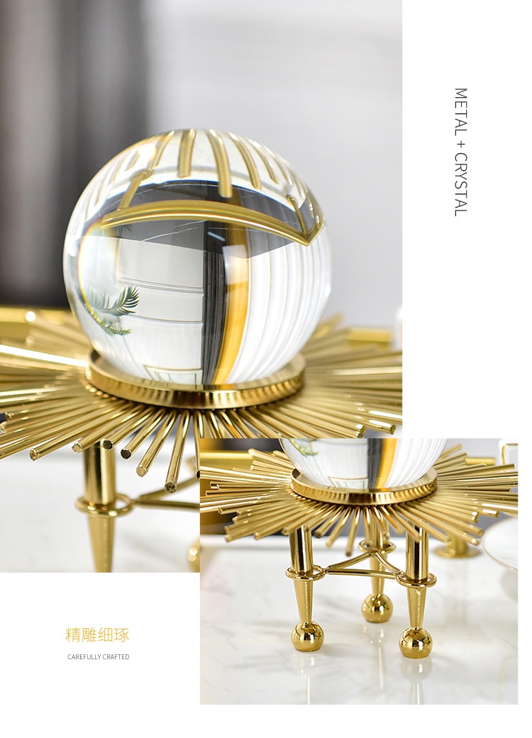 Luxurious Golden Metal Shelf Statues Sculptures Crystal Ball Decor Crafts Gifts Figurines Desktop Home Decoration Accessories