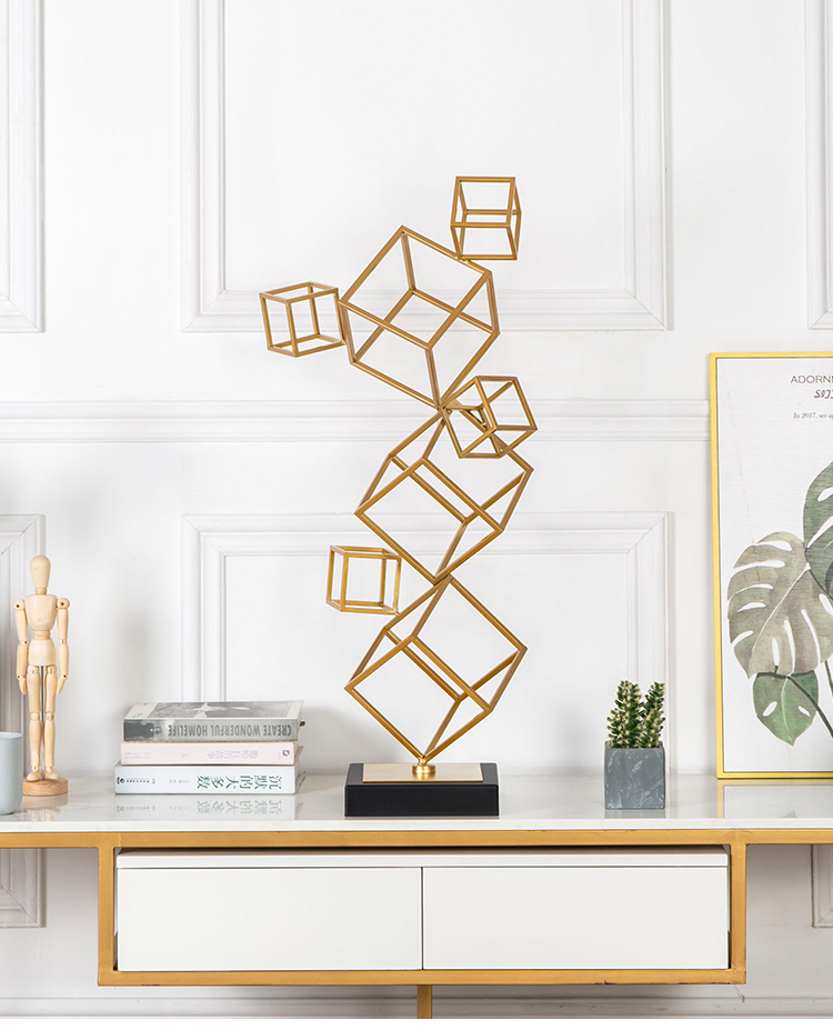 Modern Stacked Gold Black Metal Cube Figurines Large 70cm Home Decor Marble Statues Geometric Sculpture Accessories Ornaments