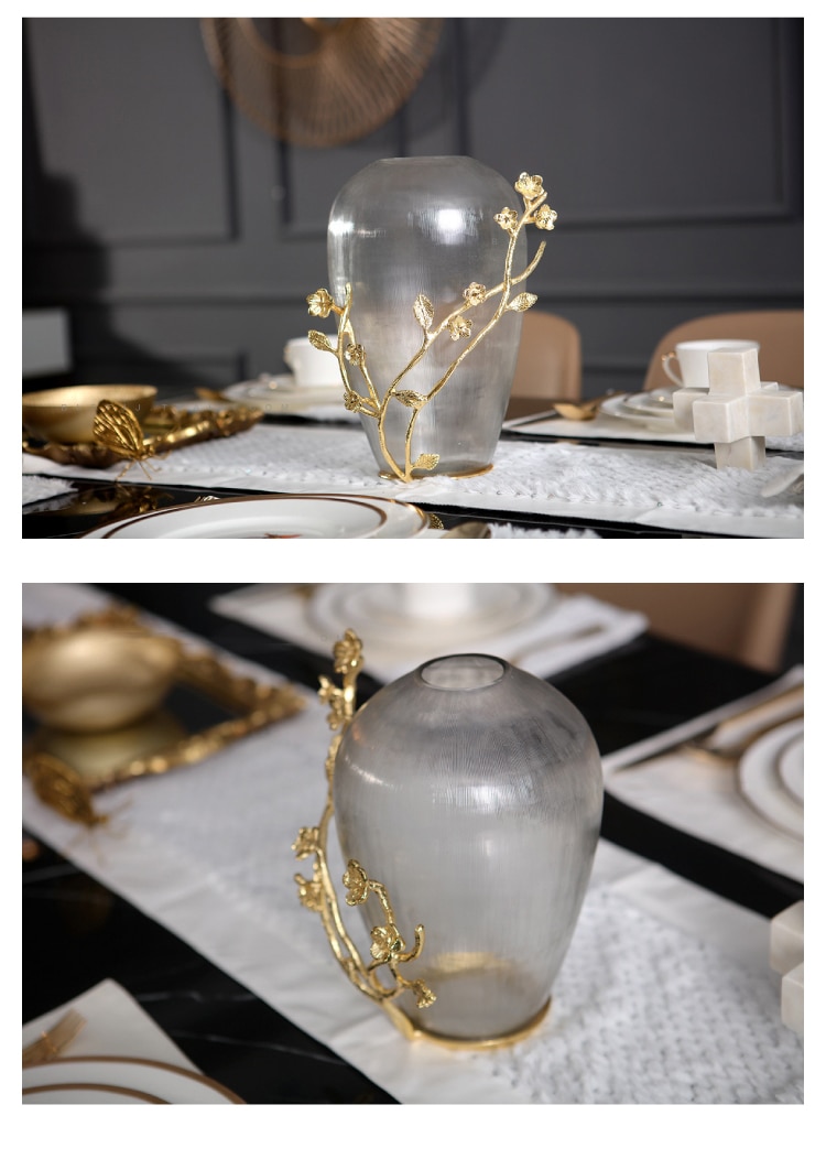 Luxurious Frosted Glass Vase With Golden Copper Twine Branches Crafts Home Office Tabletop Decoration Art Crafts Style Vase Gift