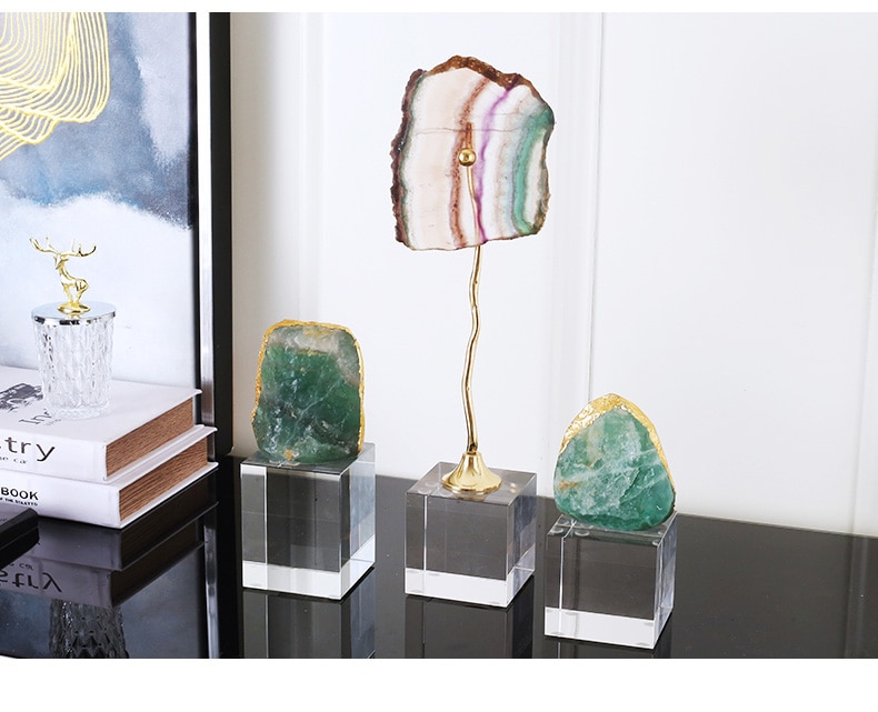 Modern Beautiful Natural Colorful Agate Slices With Gold Metal Stand Ornament Home Living Room Office Desk Decor Accessories