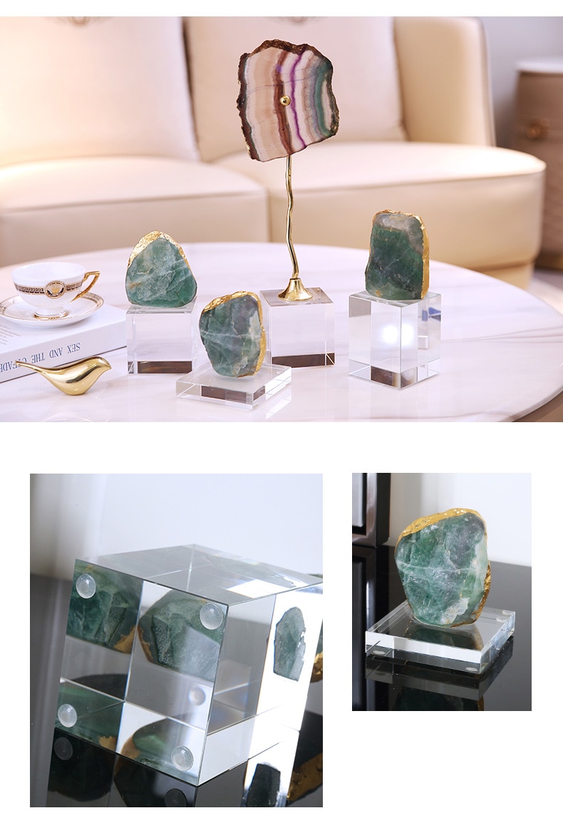 Modern Beautiful Natural Colorful Agate Slices With Gold Metal Stand Ornament Home Living Room Office Desk Decor Accessories