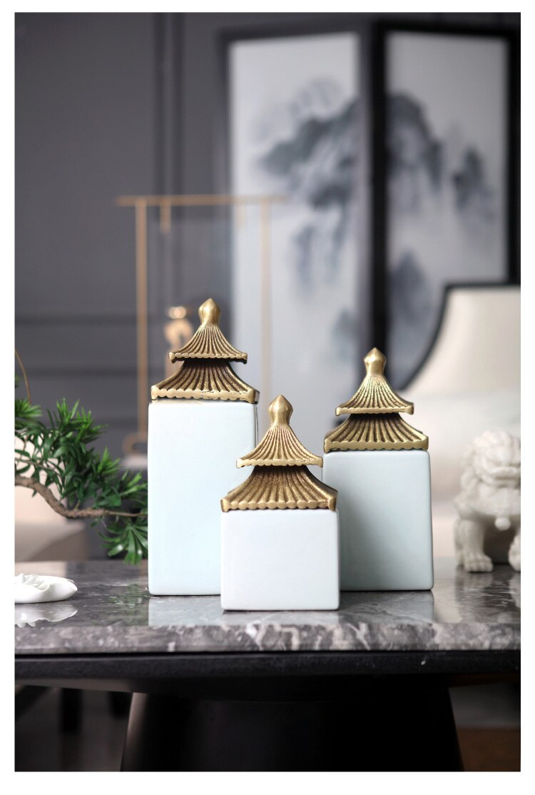 Chinese Building Sculpture Tabletop Ceramic Ornament Modern Gold Jar Ornaments Crafts Home Living Room Decor Porcelain Figurines