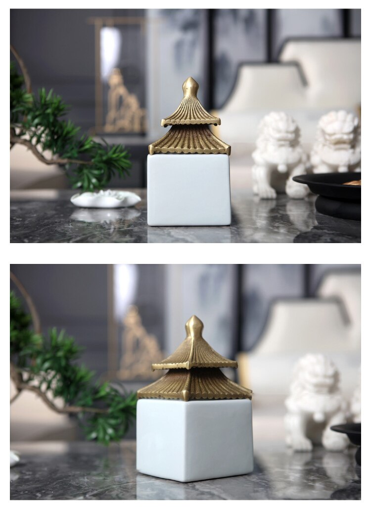 Chinese Building Sculpture Tabletop Ceramic Ornament Modern Gold Jar Ornaments Crafts Home Living Room Decor Porcelain Figurines